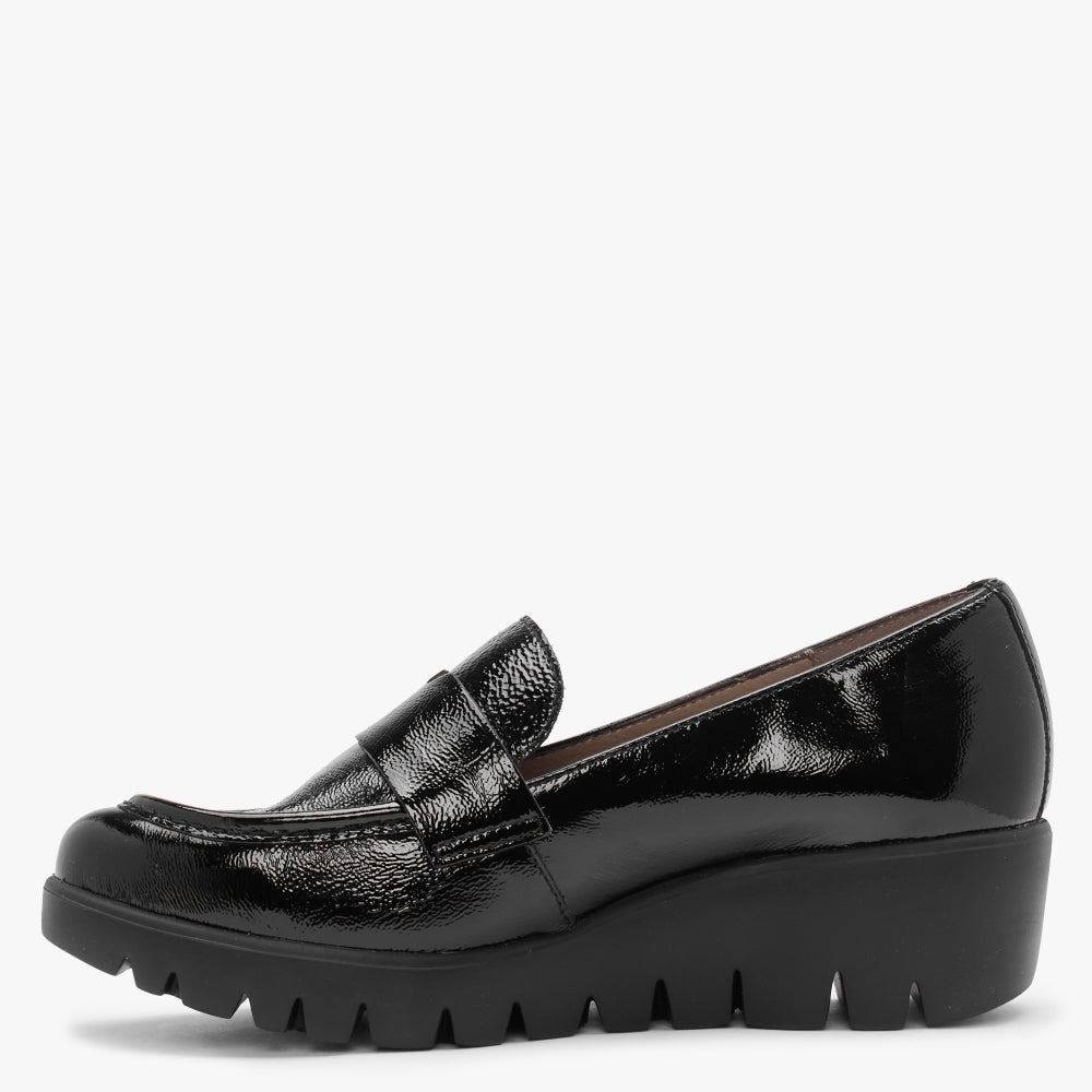Tempo Black Patent Leather Low Wedge Loafers