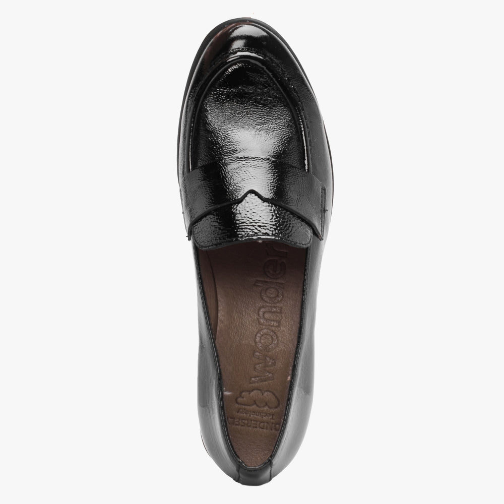 Tempo Black Patent Leather Low Wedge Loafers