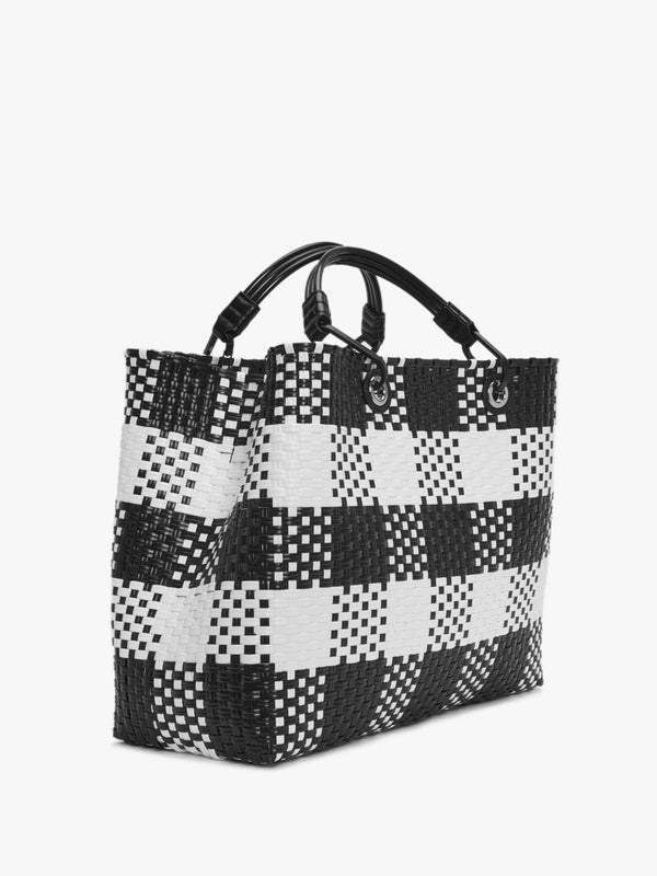Myea Warm White & Black Woven Checked Shopper Bag