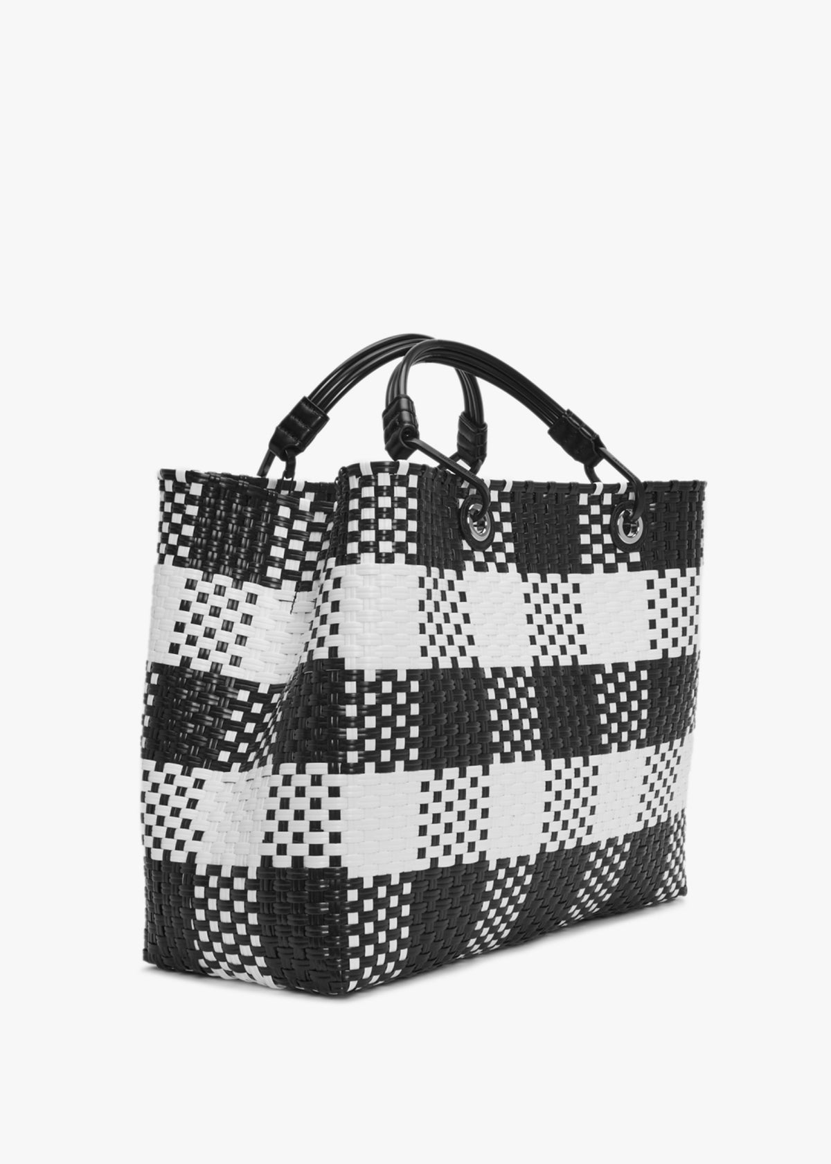 Myea Warm White & Black Woven Checked Shopper Bag
