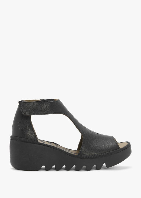 Bezo Black Leather Wedge Sandals