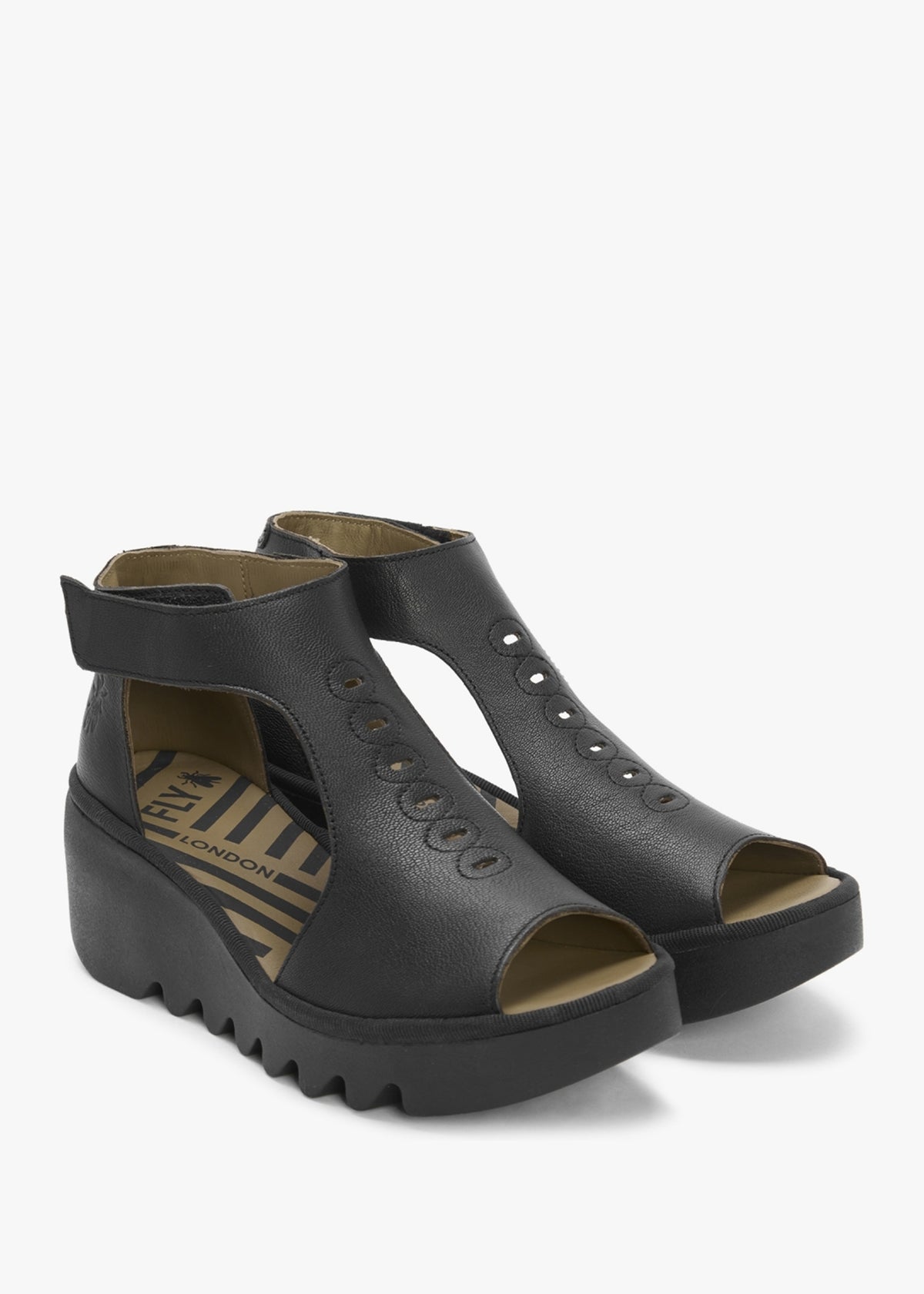 Bezo Black Leather Wedge Sandals