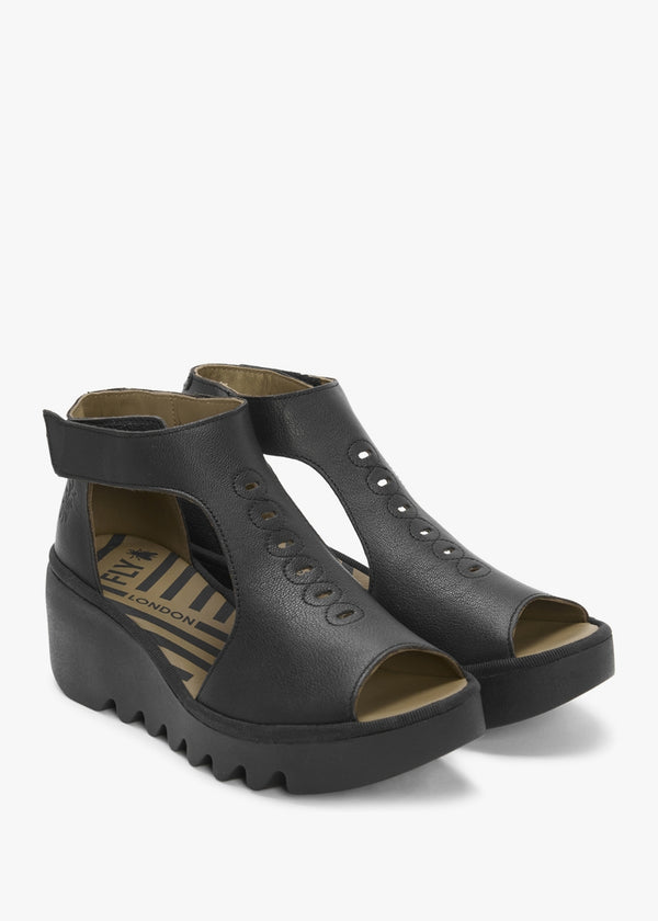Bezo Black Leather Wedge Sandals