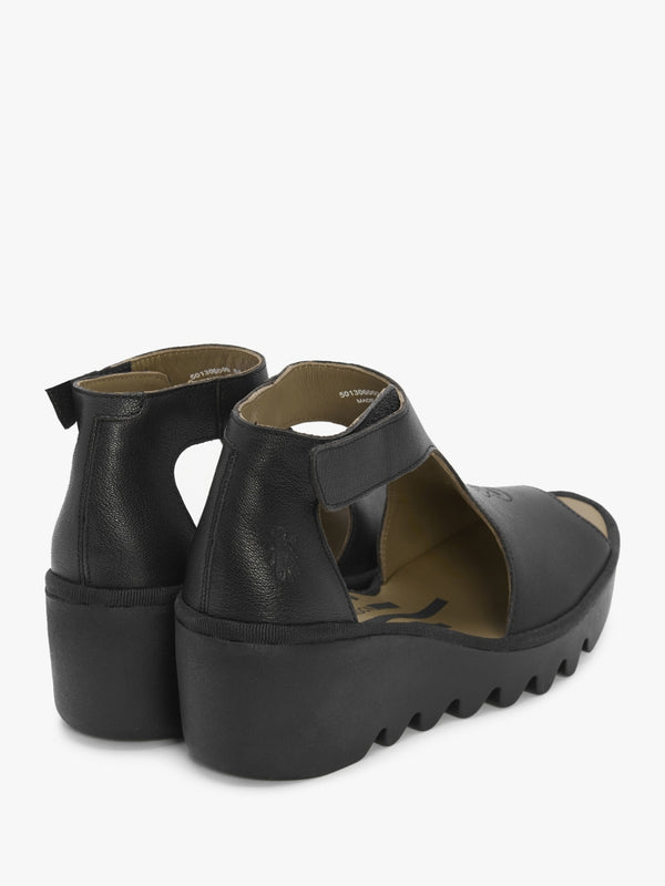 Bezo Black Leather Wedge Sandals