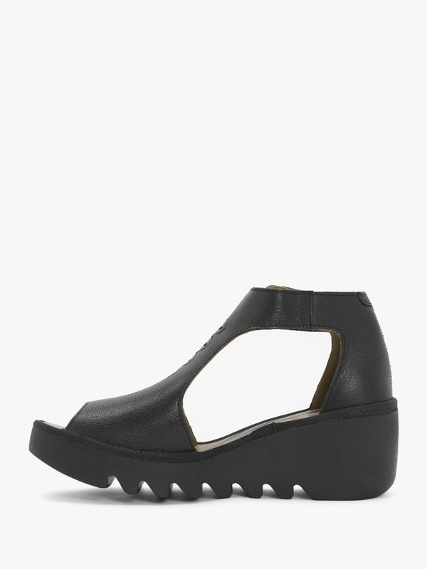 Bezo Black Leather Wedge Sandals
