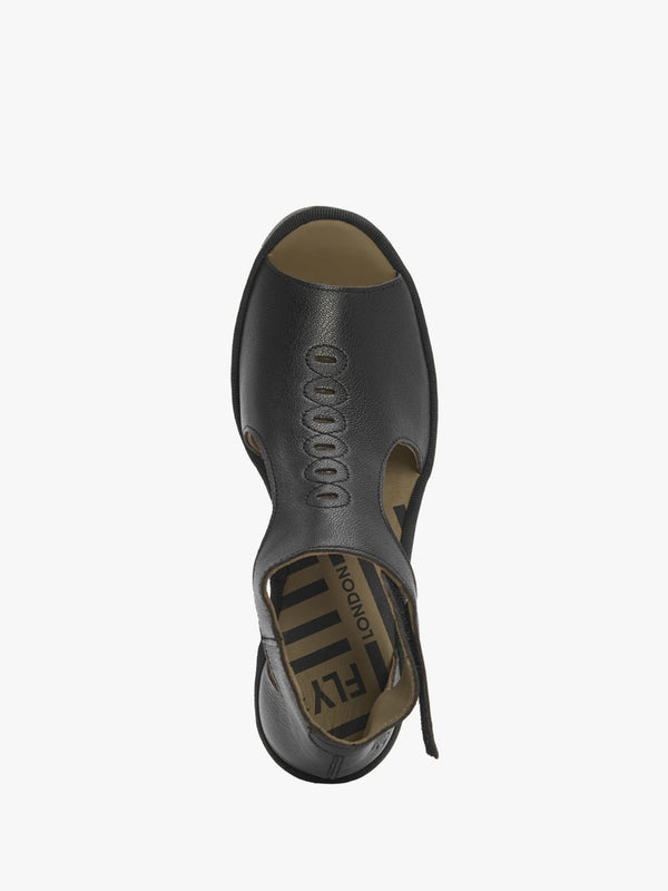 Bezo Black Leather Wedge Sandals
