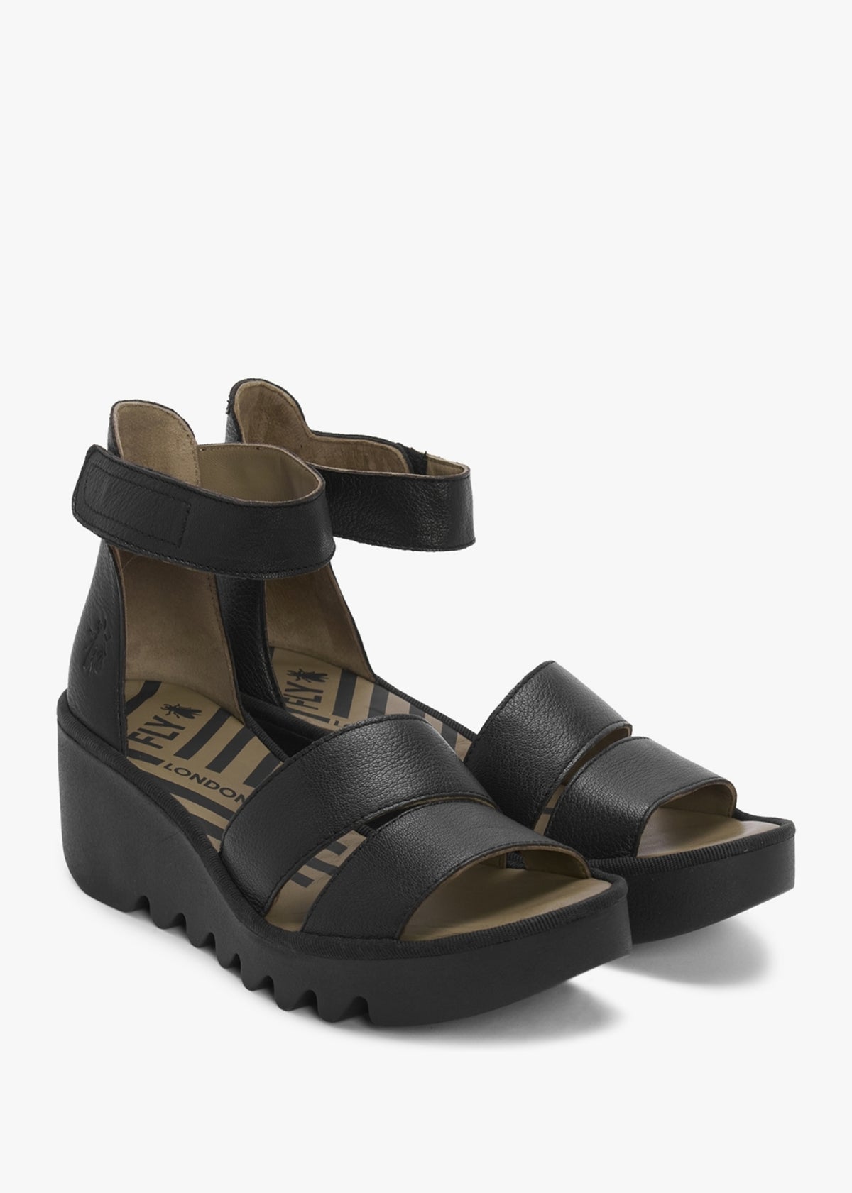 Bono Black Tumbled Leather Low Wedge Sandals