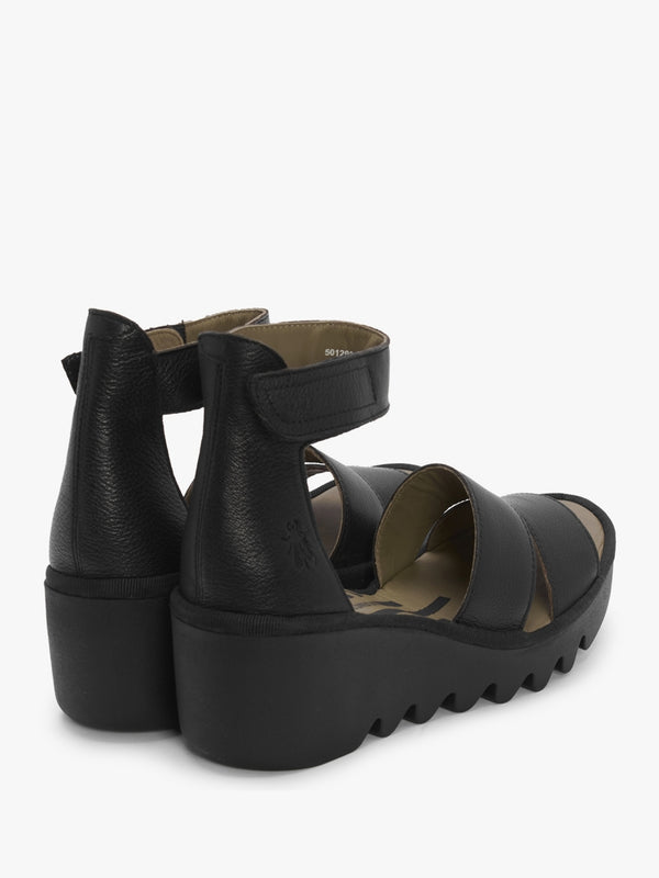 Bono Black Tumbled Leather Low Wedge Sandals