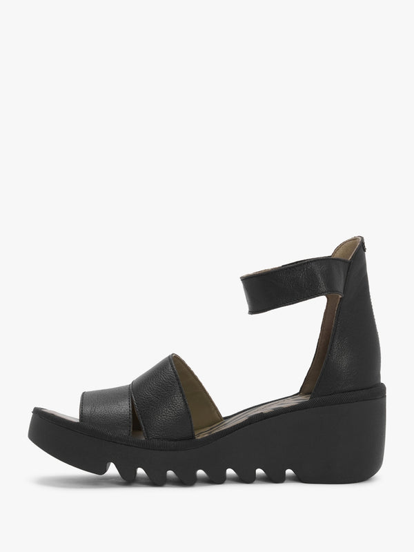 Bono Black Tumbled Leather Low Wedge Sandals