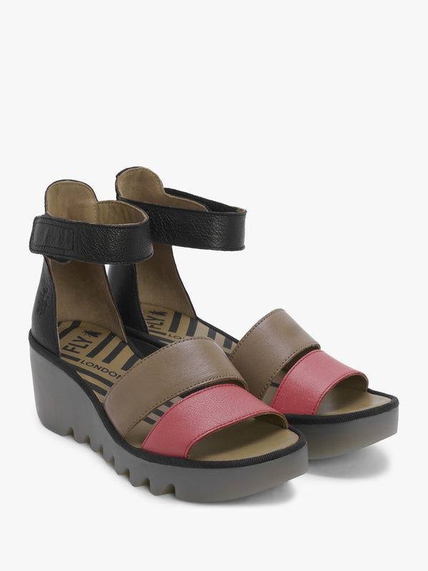 Bono Raspberry Ground Black Tumbled Leather Low Wedge Sandals