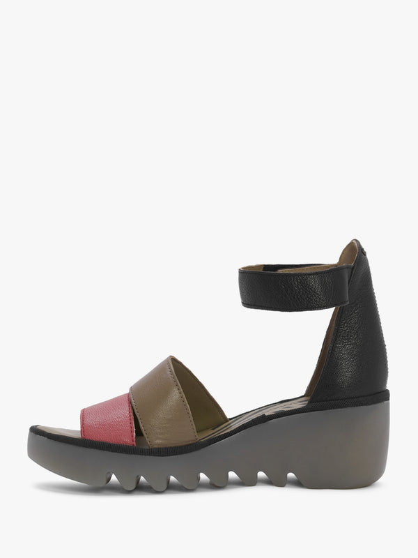 Bono Raspberry Ground Black Tumbled Leather Low Wedge Sandals