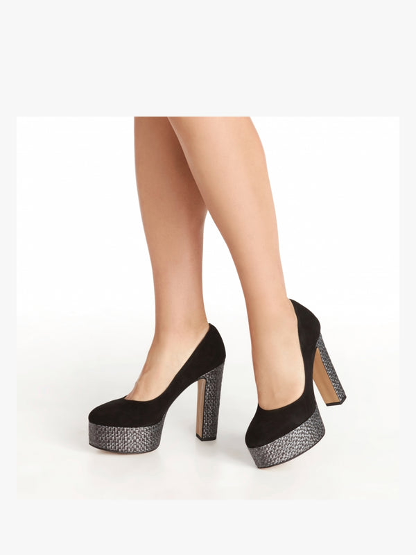Nowo Black Suede Raffia Platform Court Shoes