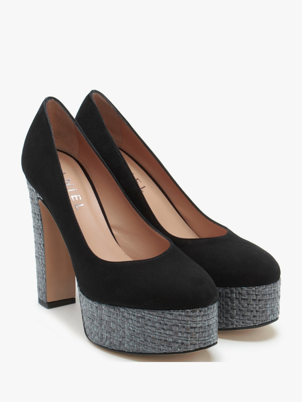 Nowo Black Suede Raffia Platform Court Shoes