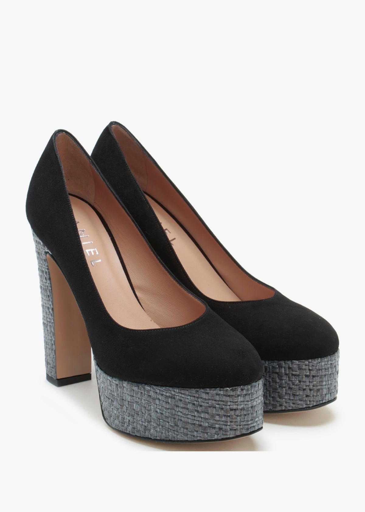 Nowo Black Suede Raffia Platform Court Shoes