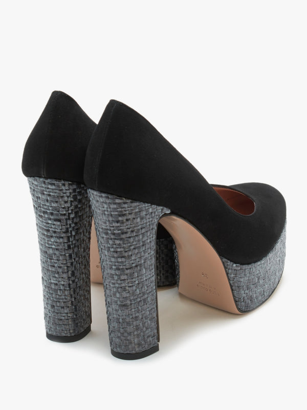 Nowo Black Suede Raffia Platform Court Shoes
