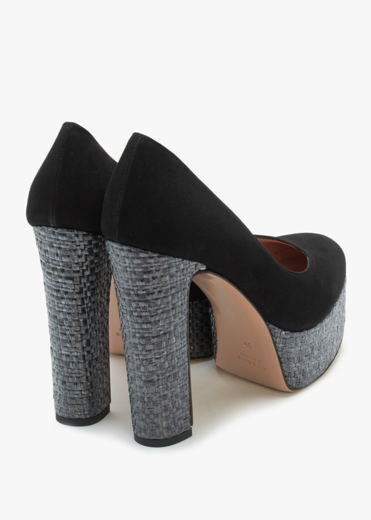 Nowo Black Suede Raffia Platform Court Shoes