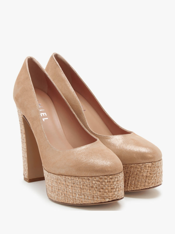 Nowo Beige Suede Raffia Platform Court Shoes