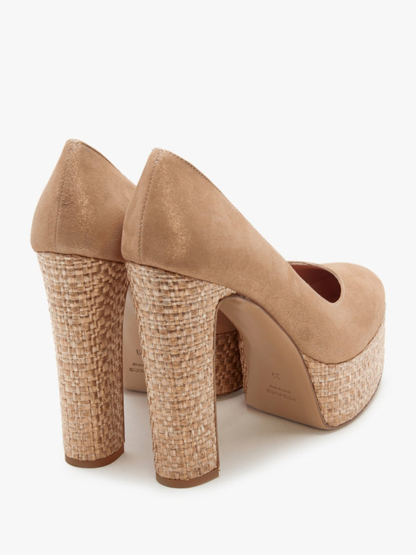 Nowo Beige Suede Raffia Platform Court Shoes