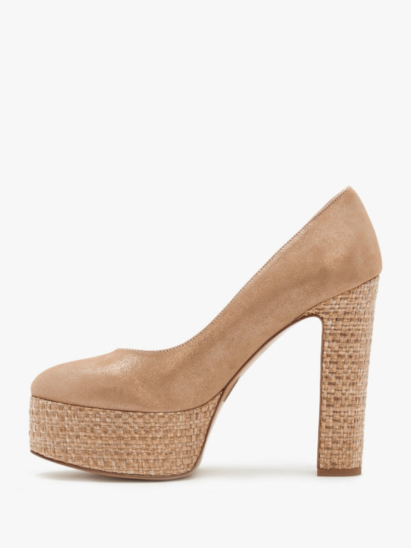 Nowo Beige Suede Raffia Platform Court Shoes