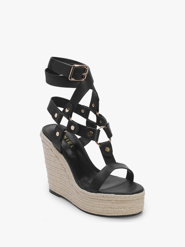 Serenity Black Leather Ankle Tie Wedge Espadrilles