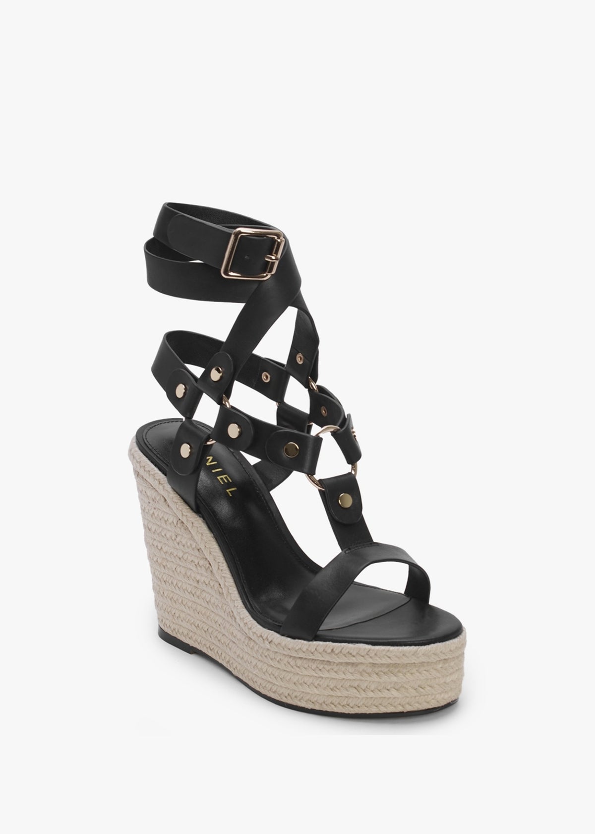 Serenity Black Leather Ankle Tie Wedge Espadrilles