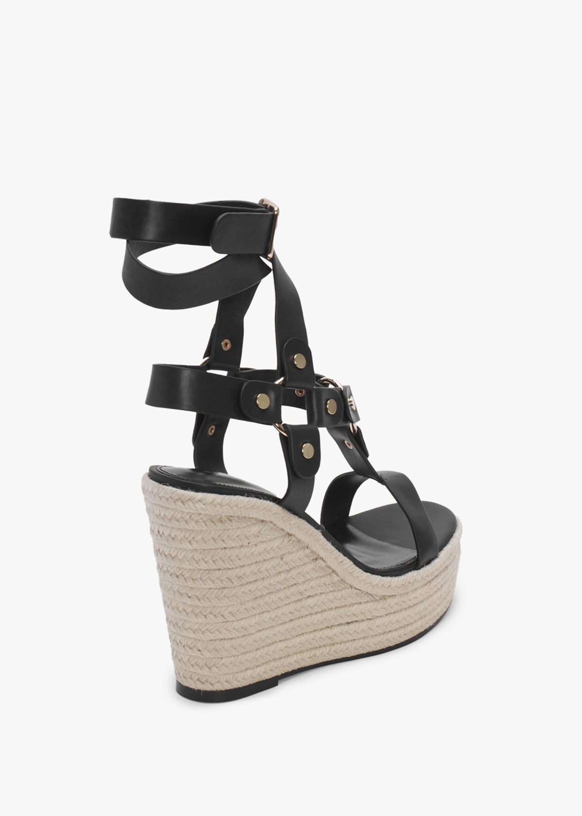 Serenity Black Leather Ankle Tie Wedge Espadrilles