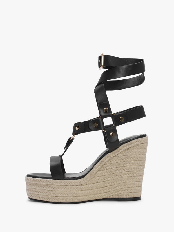 Serenity Black Leather Ankle Tie Wedge Espadrilles
