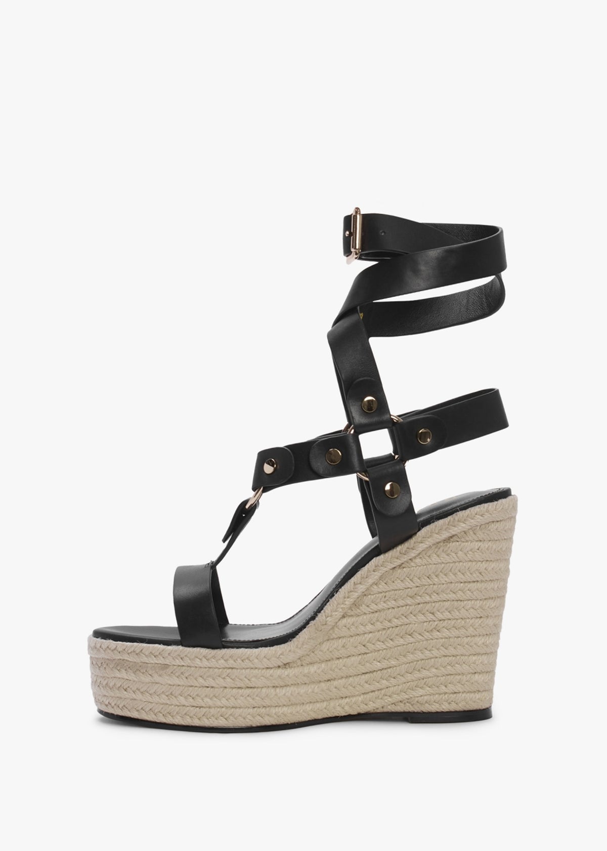 Serenity Black Leather Ankle Tie Wedge Espadrilles