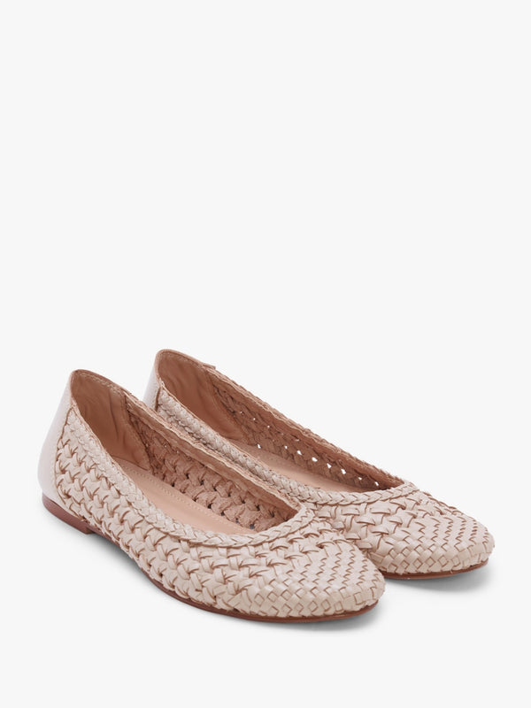 Sojane Beige Leather Woven Toe Cap Ballerina Pumps