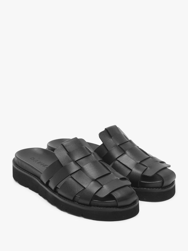 Solattie Black Leather Lattice Closed Toe Mules