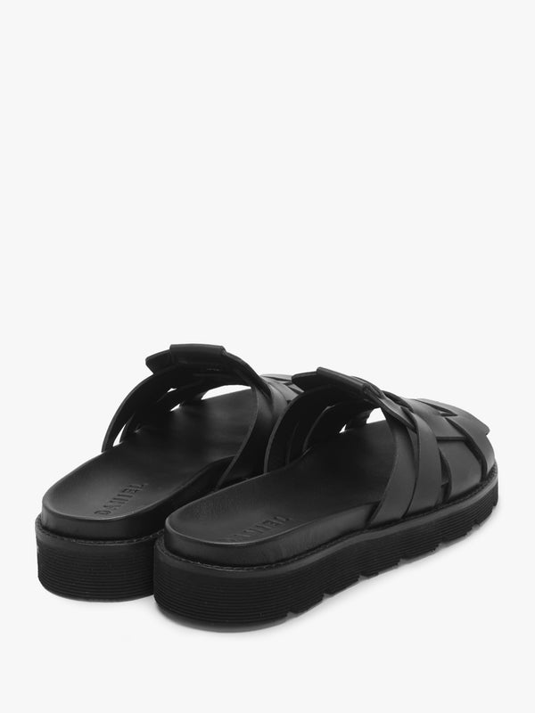 Solattie Black Leather Lattice Closed Toe Mules