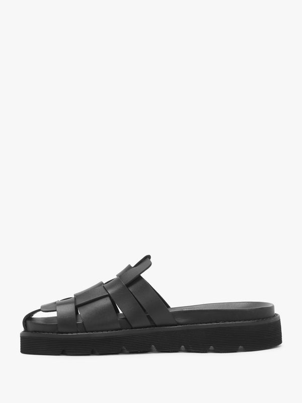 Solattie Black Leather Lattice Closed Toe Mules