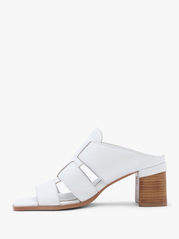 Somaria White Leather Lattice Block Heel Mules