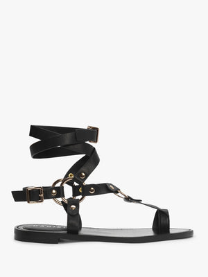Sophie Black Leather Ankle Tie Sandals