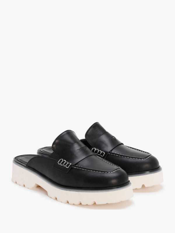 Beloba Black Leather Backless Loafers
