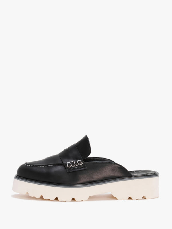 Beloba Black Leather Backless Loafers