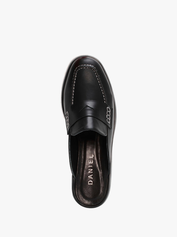 Beloba Black Leather Backless Loafers