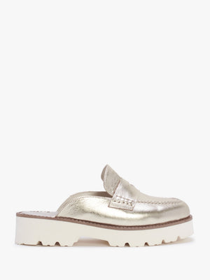 Beloba Gold Leather Backless Loafers
