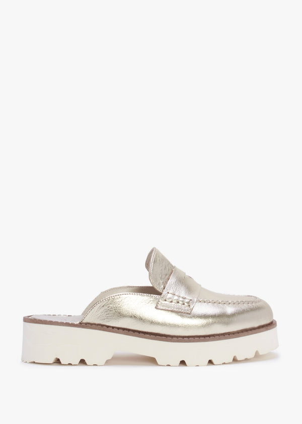 Beloba Gold Leather Backless Loafers
