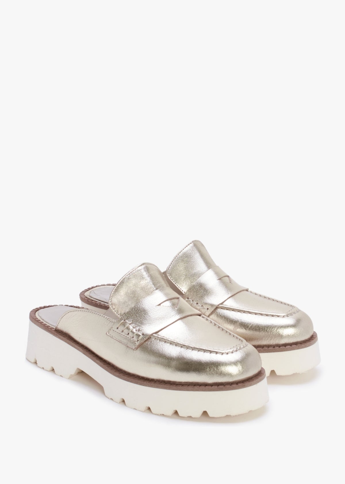 Beloba Gold Leather Backless Loafers
