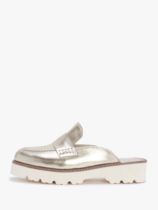 Beloba Gold Leather Backless Loafers