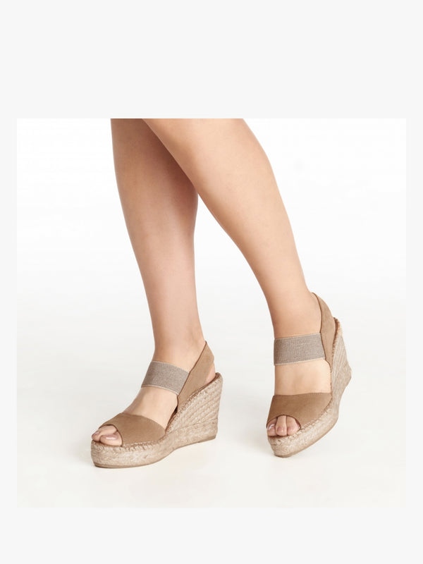 Ilasty Tan Suede Elasticated Front Strap Wedge Sandals