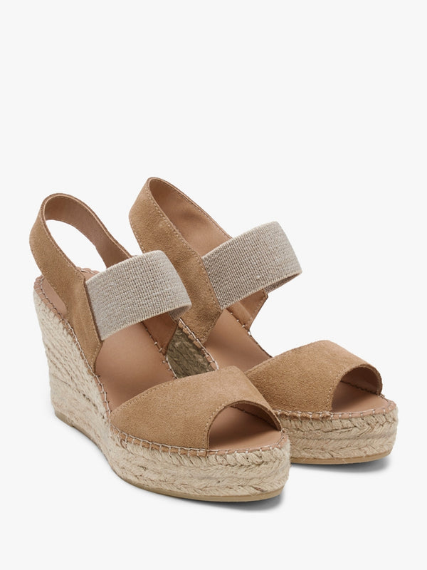 Ilasty Tan Suede Elasticated Front Strap Wedge Sandals