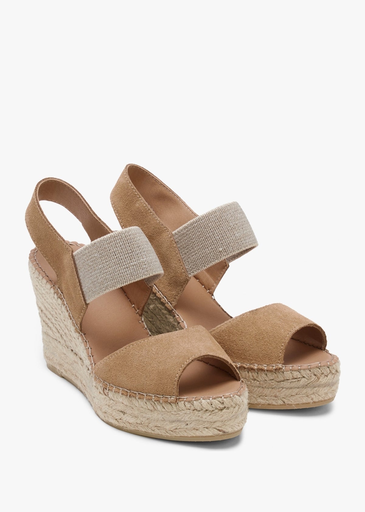 Ilasty Tan Suede Elasticated Front Strap Wedge Sandals