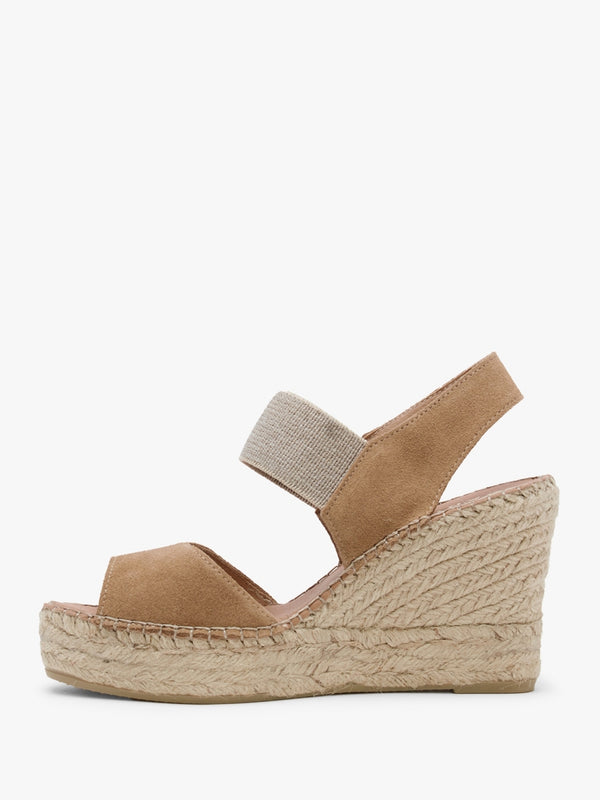 Ilasty Tan Suede Elasticated Front Strap Wedge Sandals
