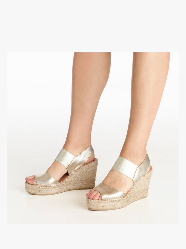 Ilasty Gold Leather Elasticated Front Strap Wedge Sandals