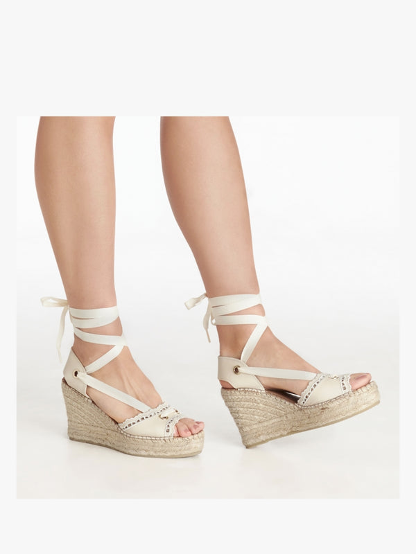 Ilazer White Leather Laser Cut Edge Ankle Tie Wedge Espadrilles