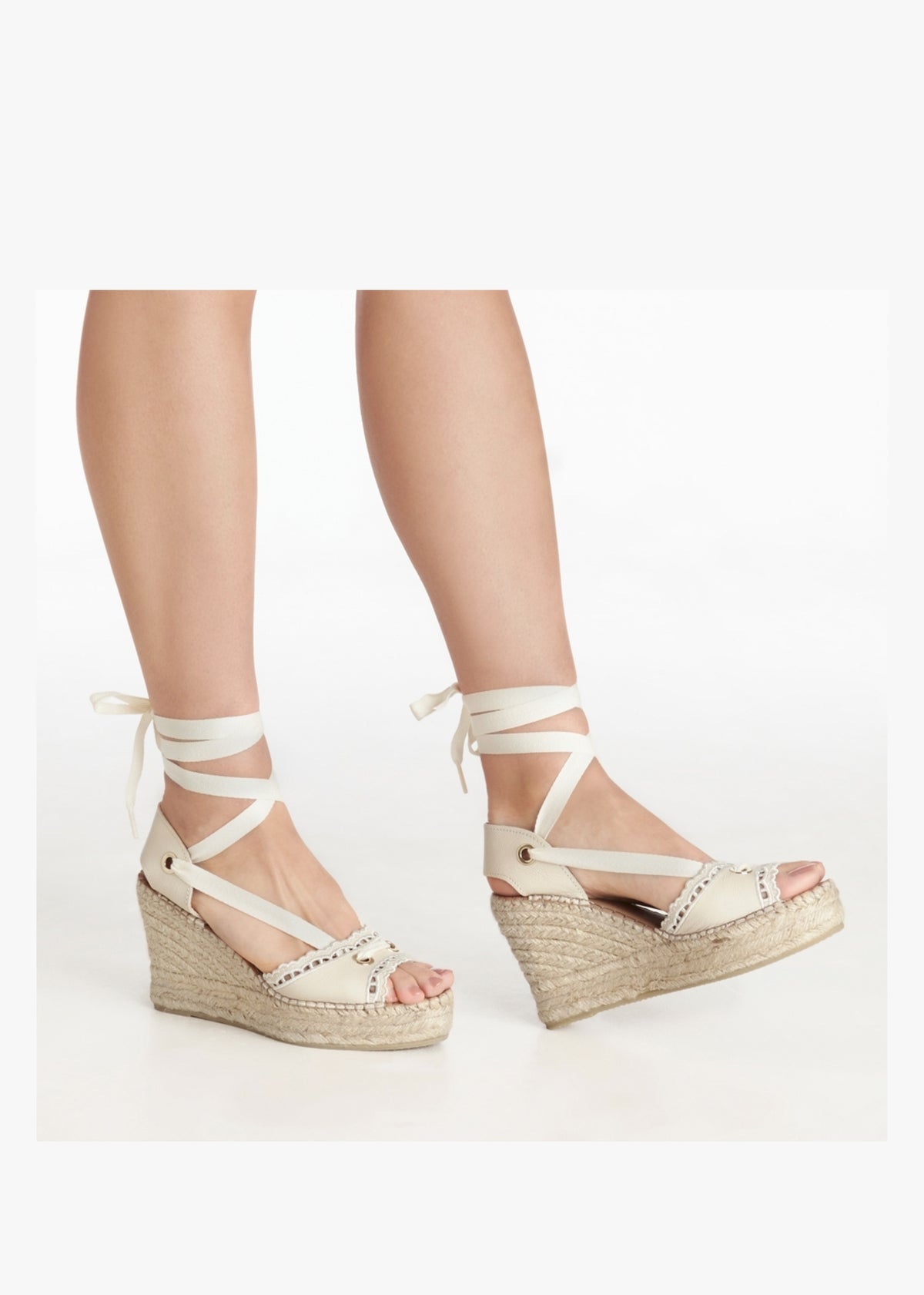 Ilazer White Leather Laser Cut Edge Ankle Tie Wedge Espadrilles