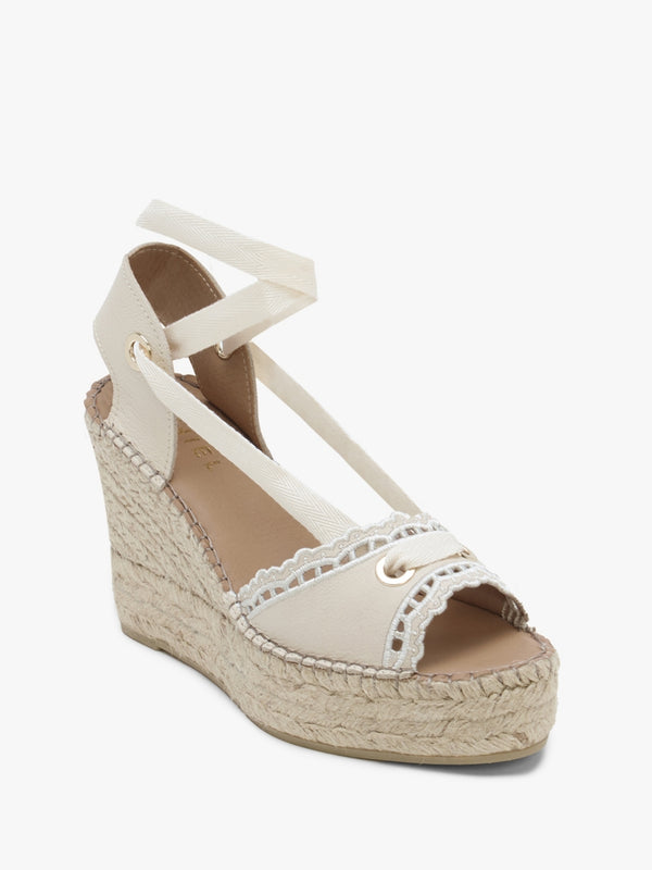 Ilazer White Leather Laser Cut Edge Ankle Tie Wedge Espadrilles