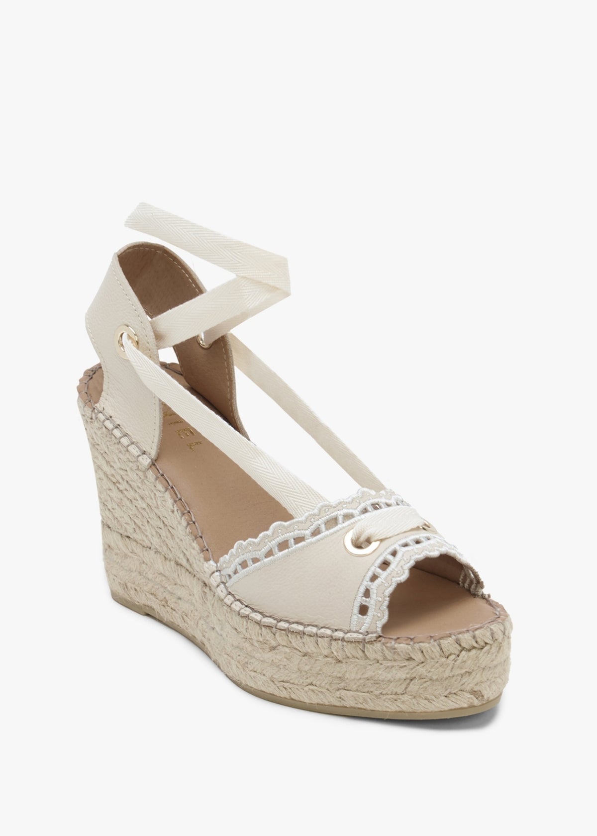 Ilazer White Leather Laser Cut Edge Ankle Tie Wedge Espadrilles